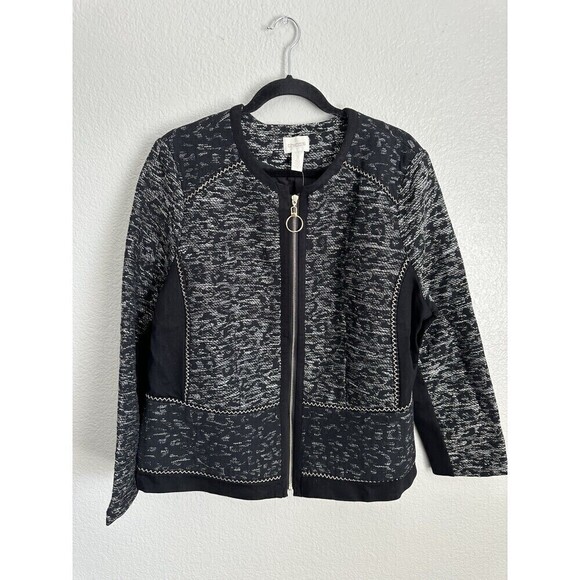 Chico's Jackets & Blazers - Chicos Jacquard Jacket Womens Size 3 XL Black White Full Zip Long Sleeve Knit